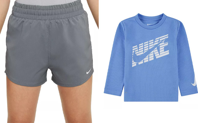 Nike Girls Training Shorts in Grey on Left and Nike Baby Toddler Boy Logo Long Sleeve Tee in Blue on Right