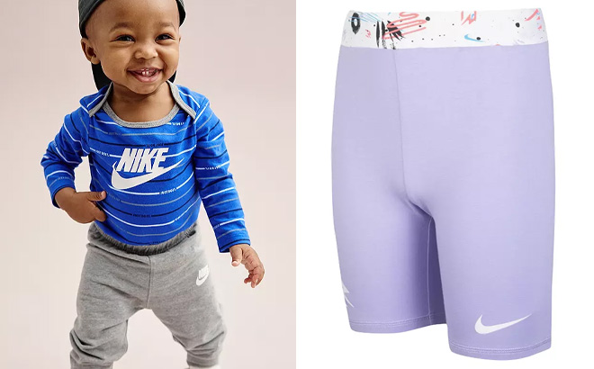 Nike Kids Nike Logo Striped Bodysuit Pants Set on Left and Nike Kids Bike Shorts in Purple on Right