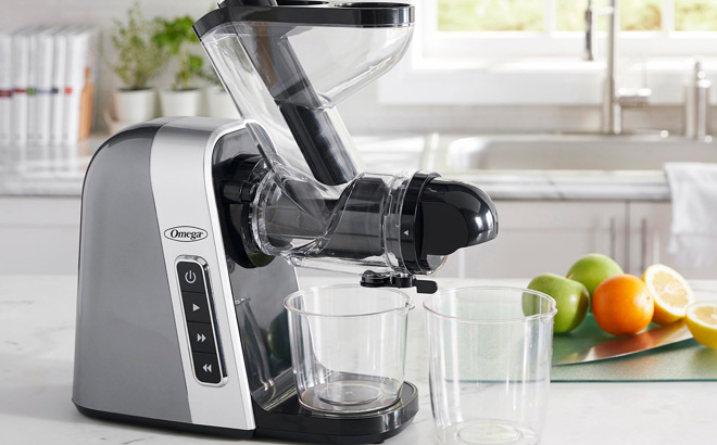 Omega Masticating Juicer with a Wide Mouth on the Kitchen Counter
