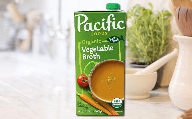 Pacific Foods 32 oz Vegetable Broth on a Kitchen Counter