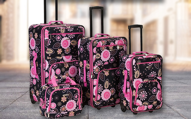 Rockland London 4 Piece Luggage Set Flowe Pattern