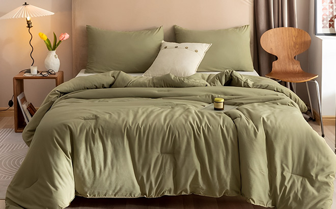 Rosgonia Queen Comforter Set in Olive Green Color on the Bed