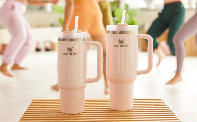 Stanley The Clean Slate Quencher Flowstate Tumbler in Soft Rain Bloom Color with People Dancing in the Background