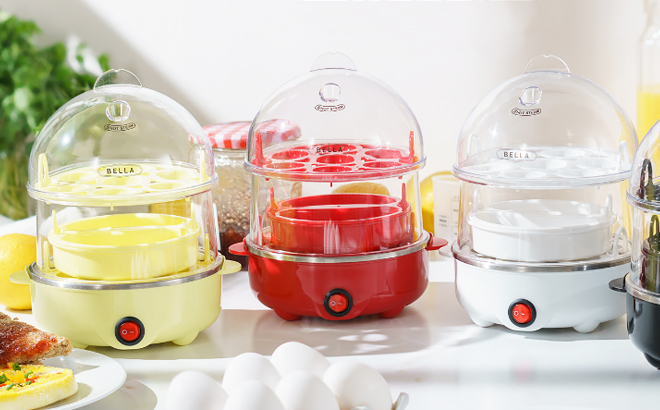 Three Bella 14 Egg Rapid Cookers in Yellow Red and White Colors