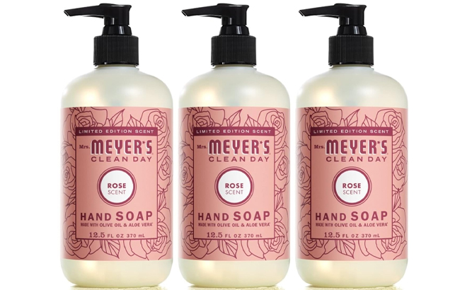 Three Mrs Meyers Clean Day Liquid Hand Soaps in the Scent Rose