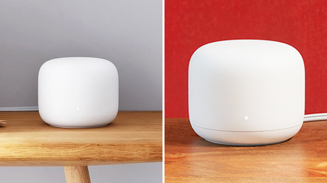 Two Images of Google Nest Home Wi Fi Extender on a Table