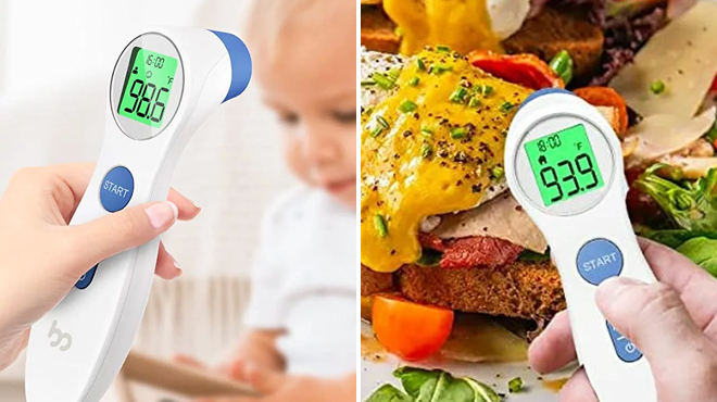 Two Images of a Person Holding a Forehead Thermometer