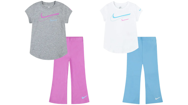 Two Nike Kids Short Sleeve Logo Graphic T Shirt and Flare Leggings Sets