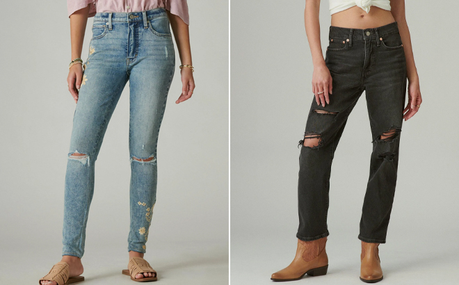 Two People Wearing the Lucky Brand Jeans High Rise Bridgette Skinny and High Rise Zoe Straight