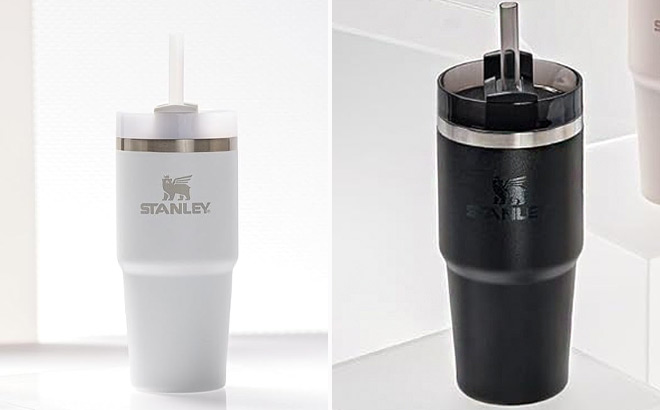 Two Stanley Quencher Tumblers in White and Black