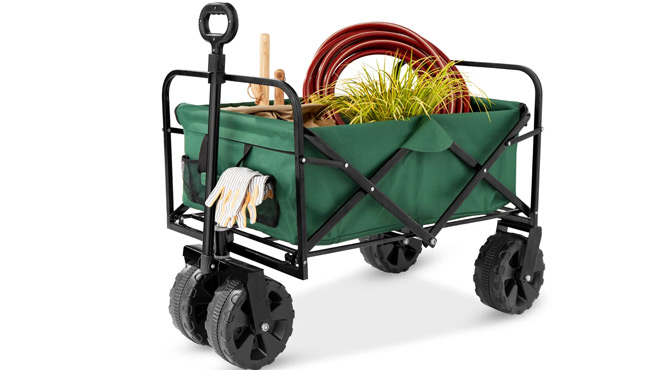 Utility Wagon Cart with 360 degree Wheels with Plants and Garden hose