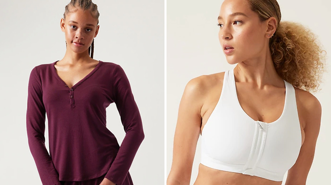 Women Wearing Athleta Nighttime Bliss Sleep Top and Athleta Ultimate Zip Front Bra D Dd