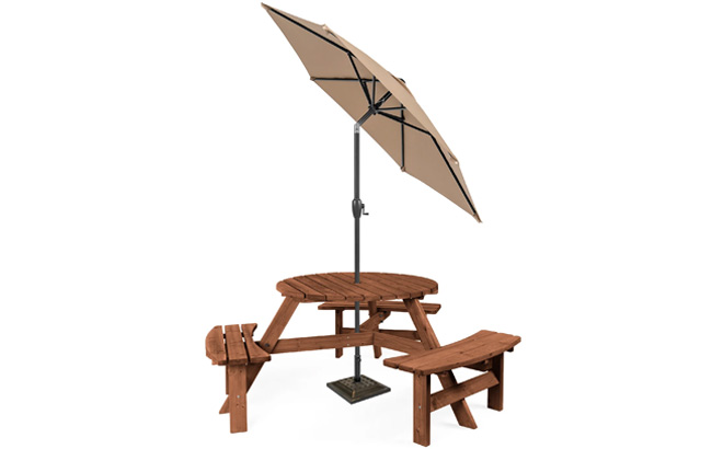 Wooden Picnic Table with Benches in Walnut Brown Color