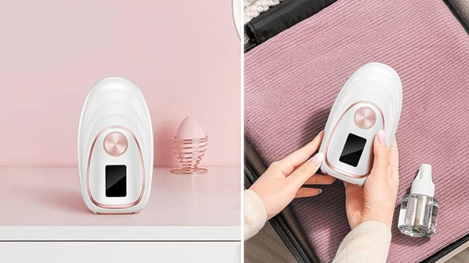 an IPL Hair Remover on a Cupboard on the Left and a Person Holding the Hair Remover on the Right