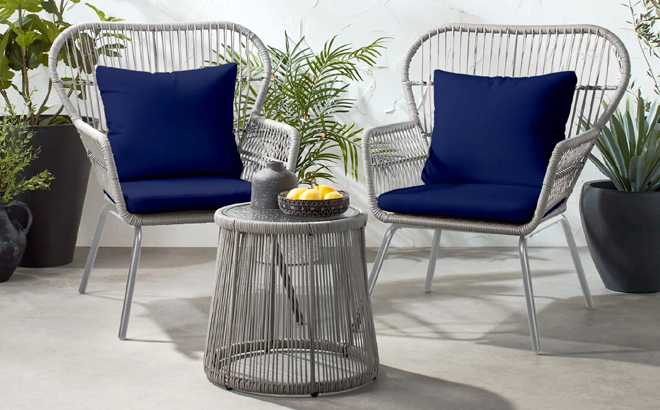 3 Piece Patio Wicker Conversation Bistro Set in Gray and Navy Color