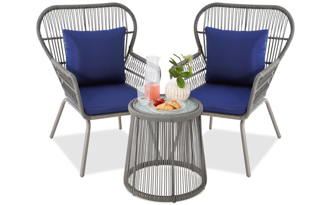 3 Piece Patio Wicker Conversation Bistro Set in Gray and Navy