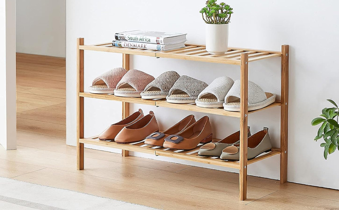 3 Tier Free Standing Bamboo Wood Shoe Rack