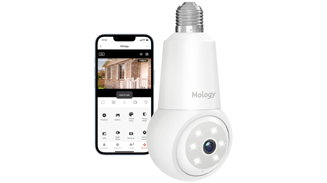 4MP Light Bulb 2K Security Camera with Smartphone on the Left