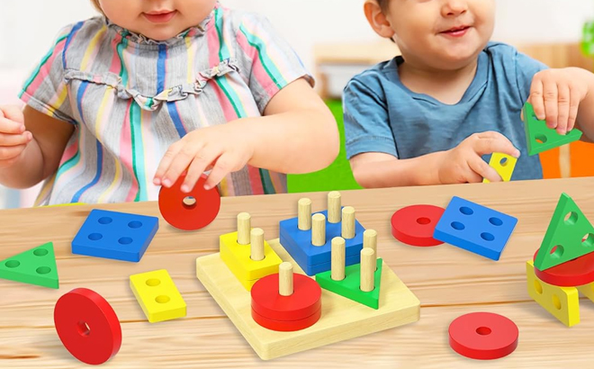 A Girl and Boy Playing with the Montessori Wooden Puzzle Sorting and Stacking Toy