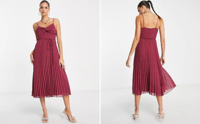 A Person Wearing Asos Design Twist Pleated Cami Midi Dress