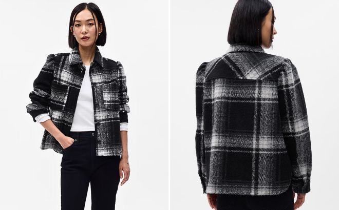 A Person Wearing Gap Puff Sleeve Cropped Wool Shirt Jacket