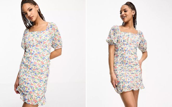 A Person Wearing Influence Ruffle Mini Floral Dress