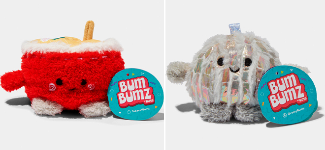 A photo showing Bum Bumz 4 5 inch Rufus the Ramen Takeout and Demi the Disco Ball Plush Toys