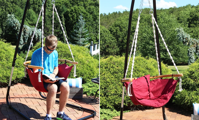 Dakota Fields Porch Swing Chair in the Color Red on a Patio