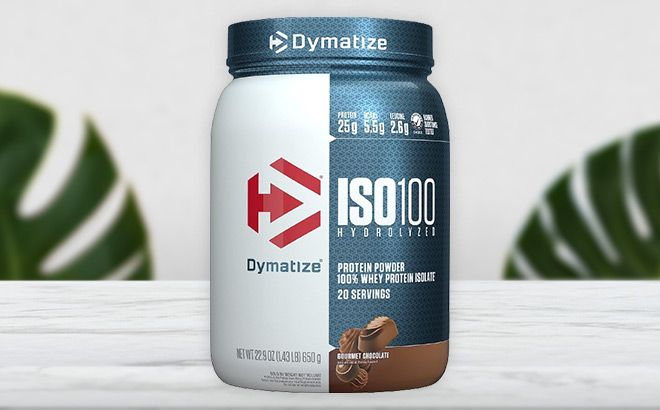 Dymatize Hydrolyzed Protein Powder on the Table