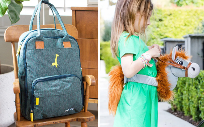 Dyper Diaper Bag on the Left Side and a Girl PLaying with a Papap Pony Plush Toy on the Right Side