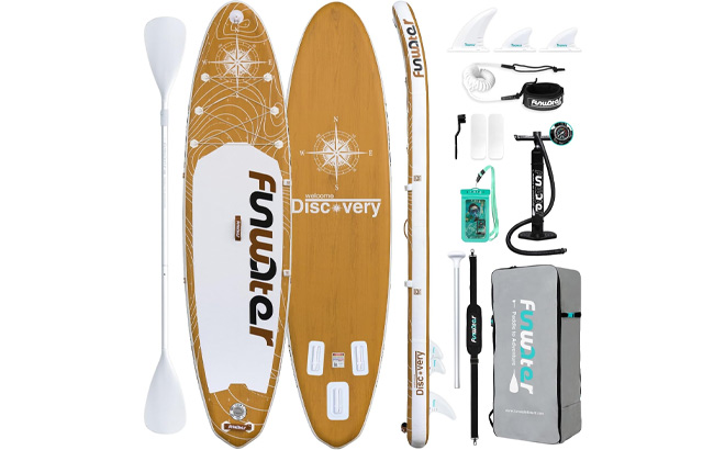 FunWater Inflatable Ultra Light Stand Up Paddle Board in Brown Woodgrain Voyager Color