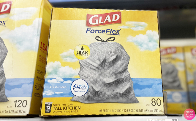 Glad ForceFlex Tall Kitchen Drawstring Trash Bags 80 Count on Shelf