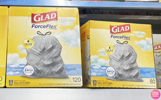 Glad ForceFlex Tall Kitchen Drawstring Trash Bags on Shelf