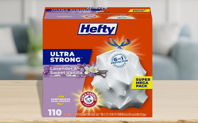 Hefty Ultra Strong Tall Kitchen Trash Bags on a Table