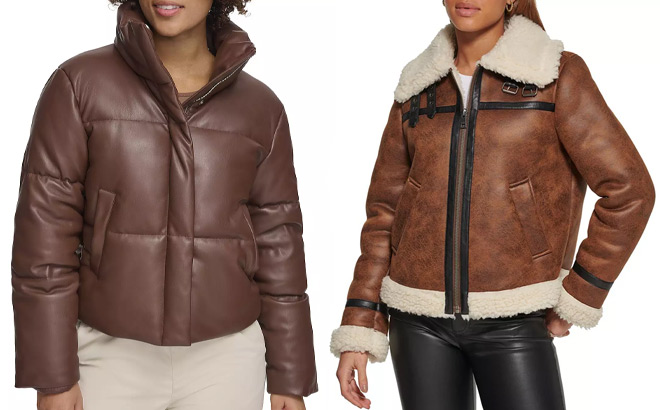 Levis Womens Faux Leather Short Puffer Jacket and Levis Womens Faux Leather Sherpa Lined Moto Jacket