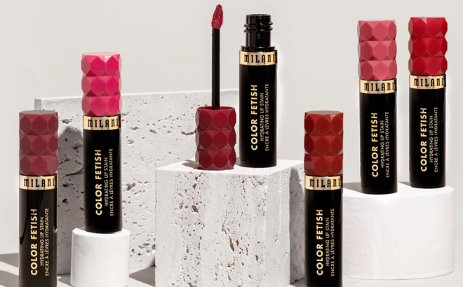 Milani Color Fetish Hydrating Lip Stains on a Product Display