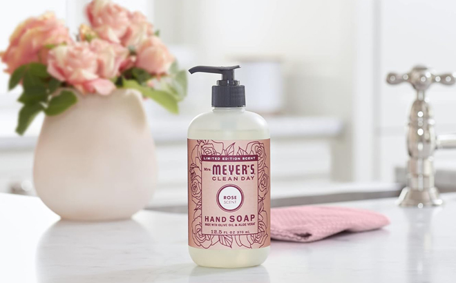 Mrs Meyers Liquid Hand Soap Refill in Rose Scent on a Table