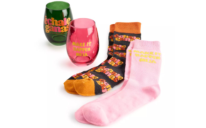 Quiero Prints Echale Ganas Stemless Wine Glass Sock Gift Set