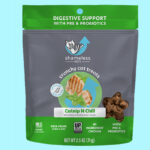 Shameless Pets Digestive Health Catnip Chicken Crunchy Cat Treats on Blue Background