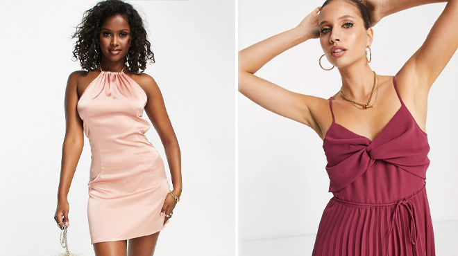 Women Wearing Halterneck Satin Mini Dress and Twist Front Dress