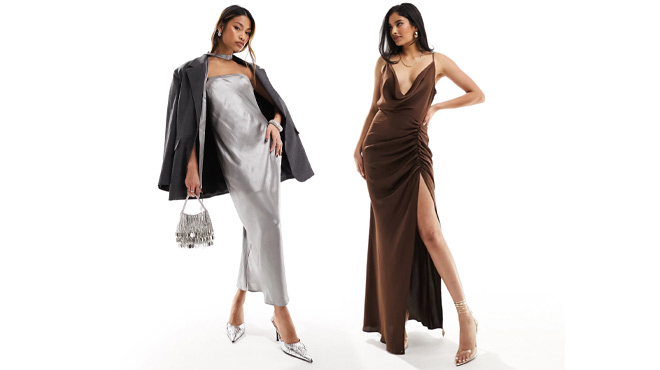 Women Wearing Metallic Bandeau Midi Dress and Maxi Dress