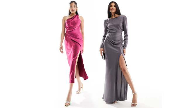 Women Wearing Satin Twist Shoulder Midi Dress and Maxi Dress