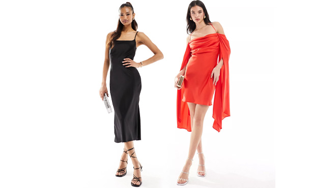 Women Wearing Scoop Neck Satin Midi Slip Dress and Mini Dress