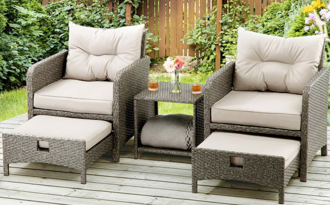 5 Pieces Wicker Patio Furniture Set Outdoor Patio Chairs with Ottomans Gray Cushions
