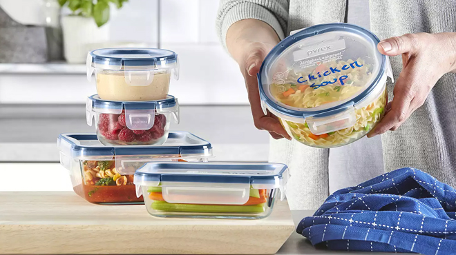 A Holding a Piece of the Pyrex FreshLock Plus 10 pc Food Storage Set