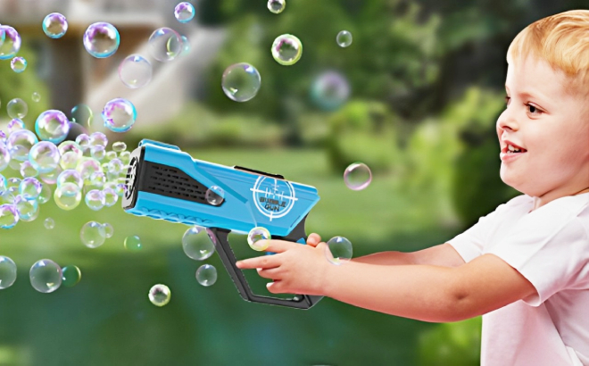 A Kid Playing with Bubble Blaster