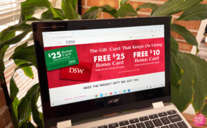 A Laptop Screen Showing the Free Bonus Card Promo Banner at DSW