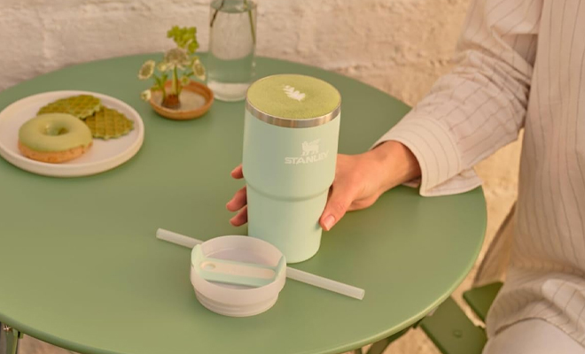 A Person Holding the Stanley Quencher H2 0 FlowState Matcha Collection 20 Ounce Tumbler