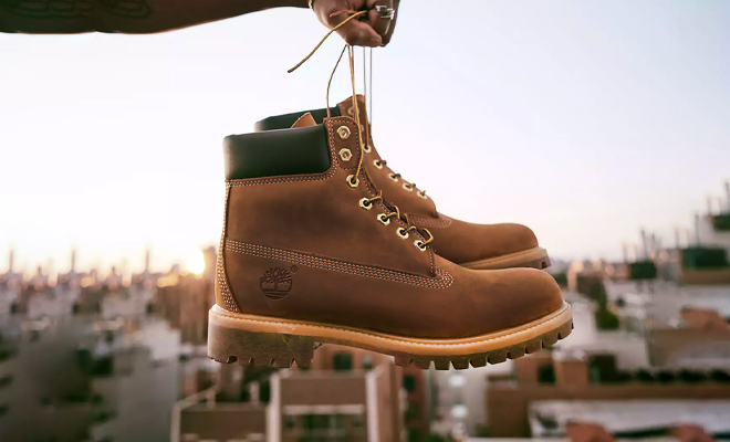 A Person Holding the Timberland 6 Inch Premium Waterproof Mens Boots