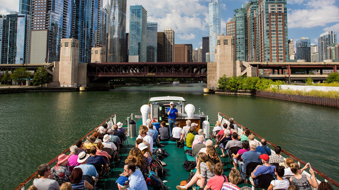A Tour Boat Full with People on the Chicago River